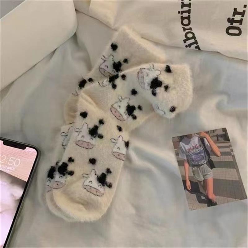 1 Pairs Women's Plush Mid Length Socks Kawaii Dairy Cattle Thickening Mink Wool Sweet Soft Warm Stay At Home Women's Floor Socks