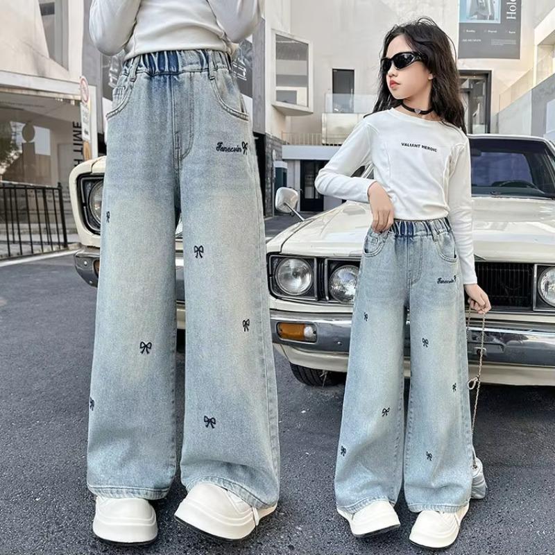 5-14 Years Spring Autumn Girls Jeans Fashion Retro And Vintage Five-pointed Star Pattern Embroidery Wide-Leg Pants For Teen Girl