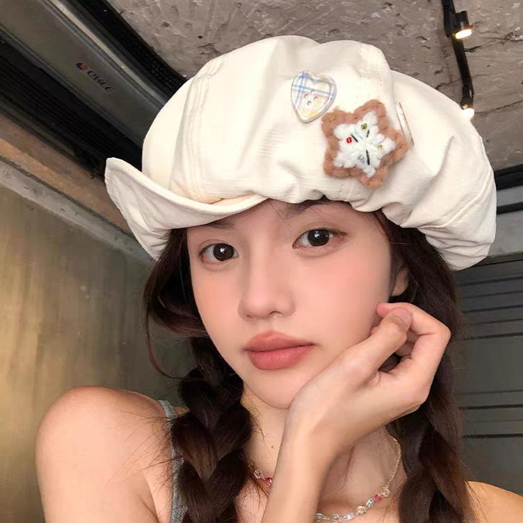 Cute star turned brim cotton and linen octagonal hat women's spring and summer face little beret sweet versatile cloud painter hat