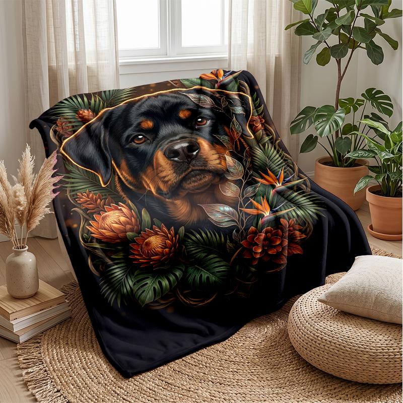 Rottweiler in Exotic Jungle Theme blanket Lightweight Warm Flannel Blanket Decorative Throw Blanket for Home Decoration