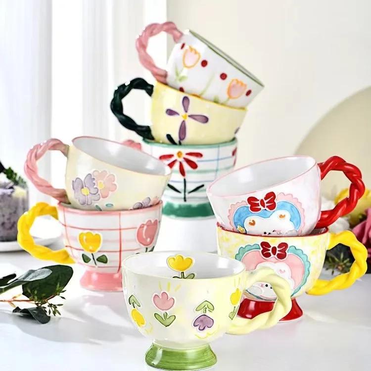 450ml Creative Hand-painted Embossed Ceramic Mug Large Capacity Coffee Cup Household Breakfast Oatmeal Milk Tea Cups Drinkware
