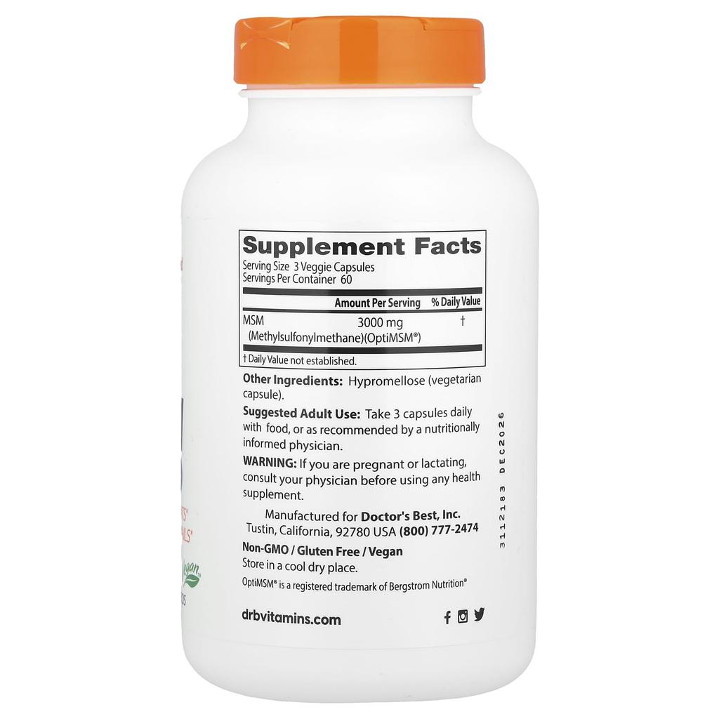 Doctor's Best MSM with Optimsm®, 3,000Mg, 180 Veggie Caps (1,000Mg Per Capsule)