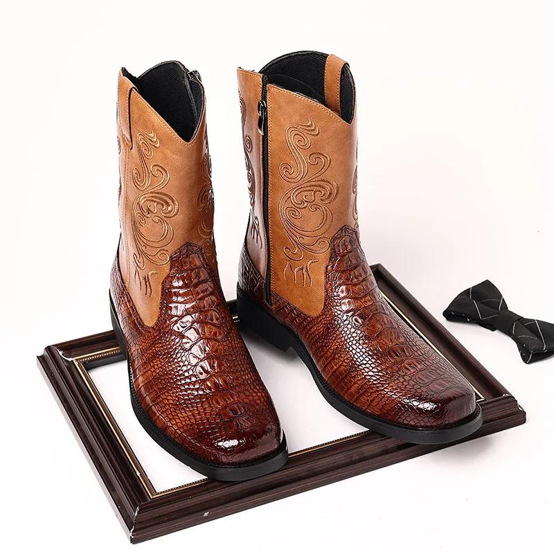 38-46 Men'S Classic Retro Western Cowboy Riding Boots Embossed Leather Embroidery Mid-Calf Boots Men British Style Casual Shoes