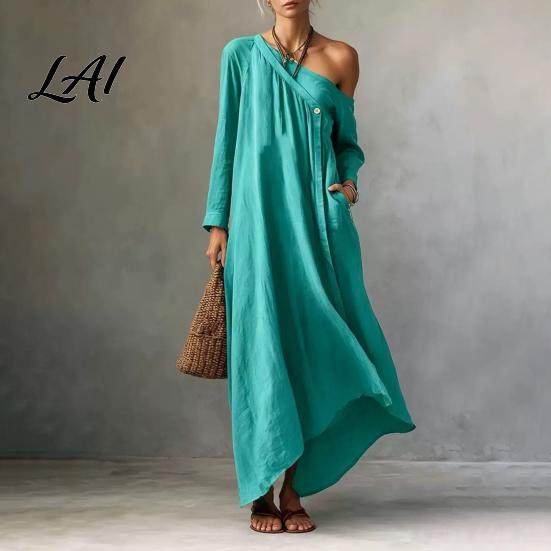 Beach Dress for Women Summer Maxi Women Casual Loose One Shoulder Long Retro Style Sleeve Dress Flowy Vacation Sundress wwith Pockets Mid-length