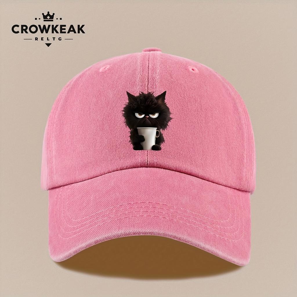 pc Angry Fluffy Black Cat Pattern Hat Vintage Distressed Print Baseball Cap Adjustable Size Comfortable And Lightweight Sui
