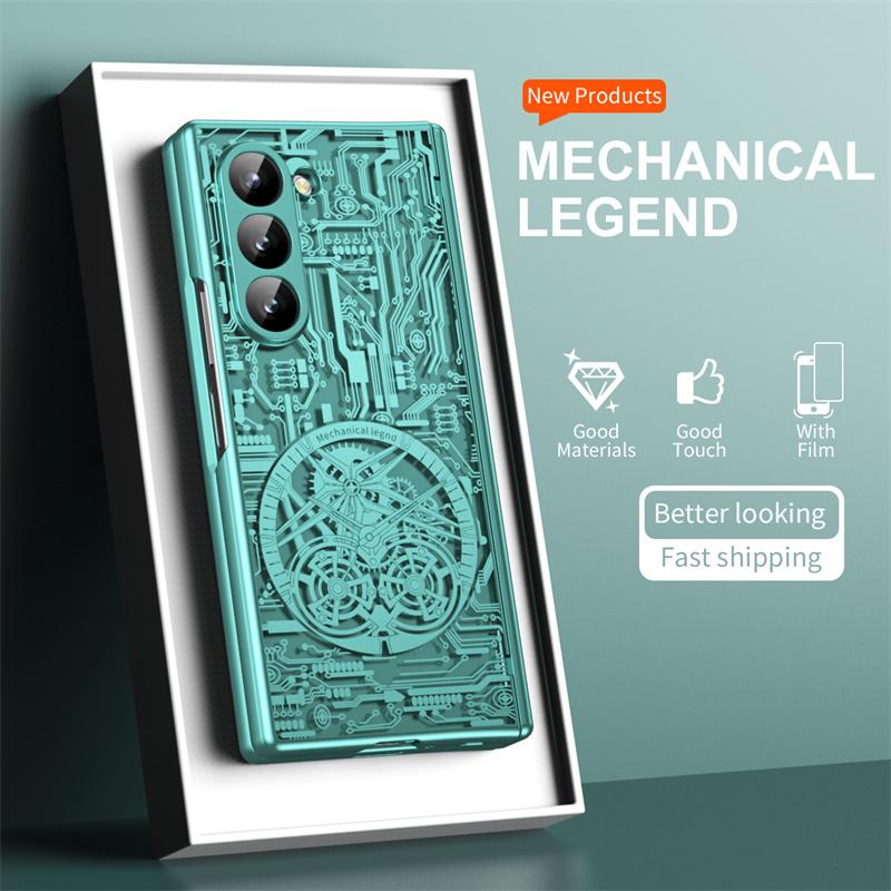 Для Samsung Galaxy Z Fold 7 6 5 4 3 5G Модный механический чехол с защитой шарнира, гальванизированный, с защитным стеклом, чехол-обложка 360°