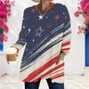Women Plus Size Beige Round Neck Long Sleeve Planet Star Printed Loose Longline T Shirt With Pockets