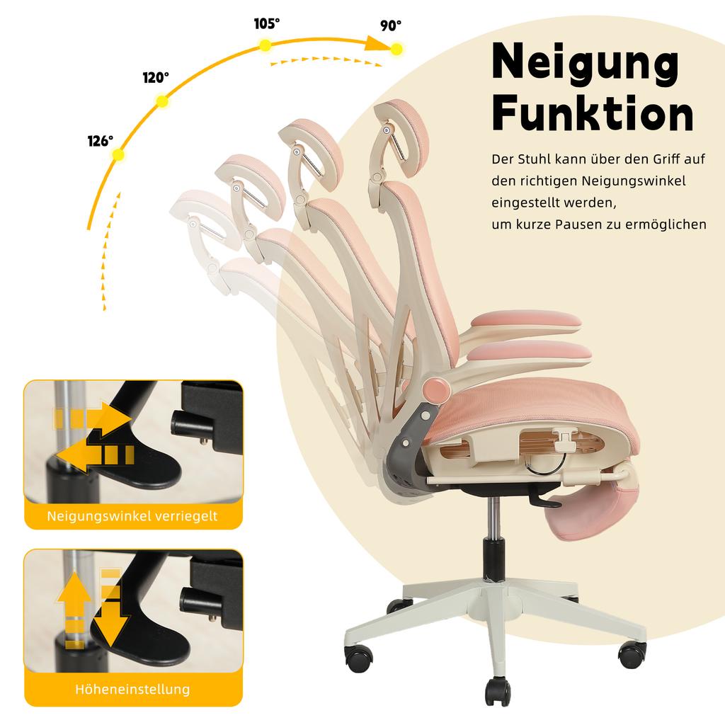 Foldable Ergonomic Office Chair, Small Space Folding Chair with Lumbar Support, Mesh Sliding Cushion, Armrests, 3D Headrest and Work Pedals, pink