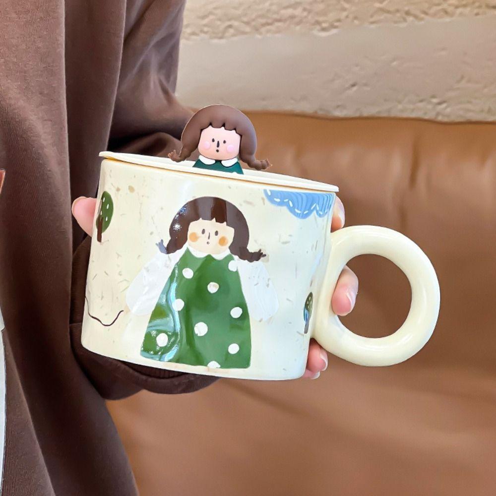 Handpainted Cartoon Ceramic Coffee Mugs 420ml Capacity Retro Style Tableware  Breakfast Dining