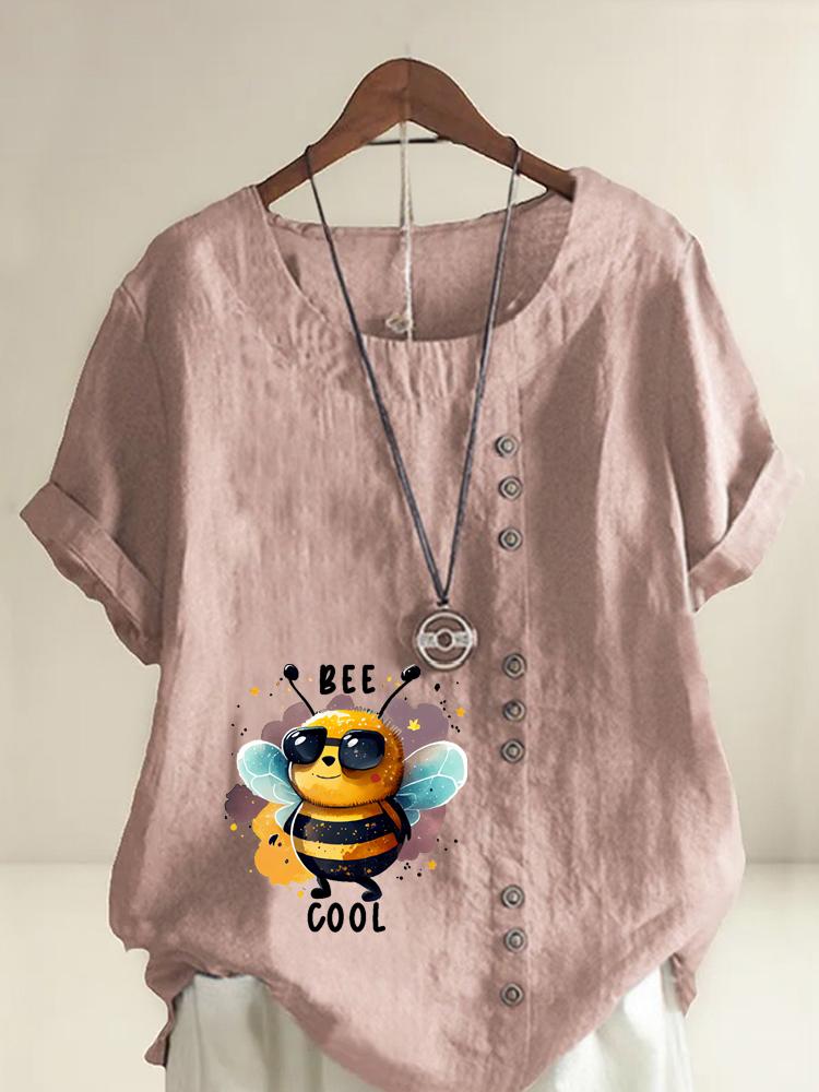 Women's Fashion Cool Bee Print Round Neck Short Sleeve T-shirt Summer Casual Cotton Linen Graphic Shirt Leisure Loose Blouse Tops