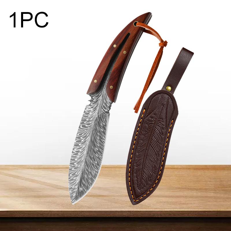 Карманный нож, профессиональные кухонные ножи, нож для разделки мяса из нержавеющей стали с ножнами с перьевым узором, кованый тесак для мяса