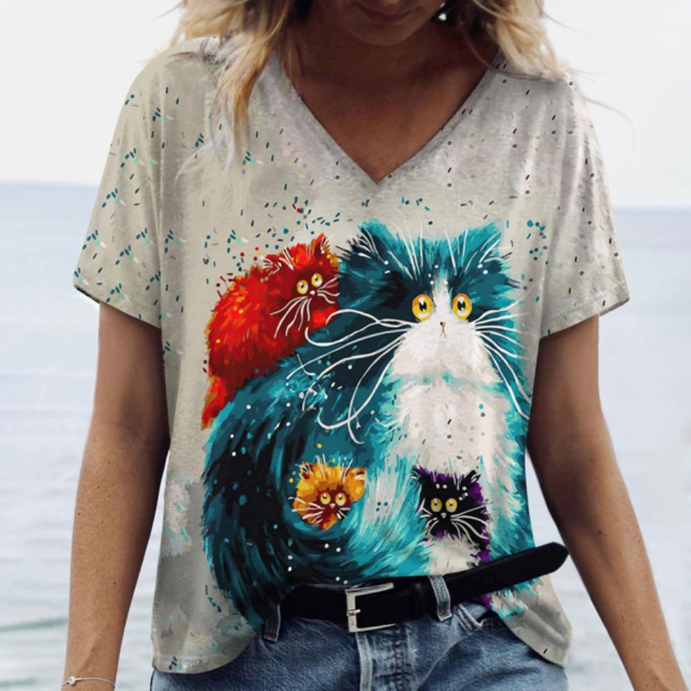 Summer Cartoon Cat Women's T Shirts Vintage Short Sleeve Tops Girls V-Neck Tees Female Clothing Oversized Pullover