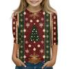 Christmas Day Print Tops For Youth Girls 4-11 Years Round Neck 3/4 Sleeves T-Shirts Trendy Tops Outfit Tees