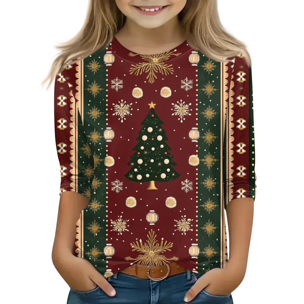Christmas Day Print Tops For Youth Girls 4-11 Years Round Neck 3/4 Sleeves T-Shirts Trendy Tops Outfit Tees