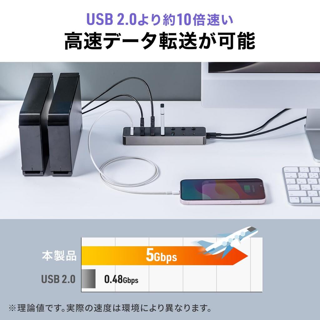 Sanwa Direct USB-хаб на 7 портов x 5 x USB с индивидуальными USB-адаптерами переменного тока, подключение Type-C, (2 USB-C / USB-A), Самозаряжающееся устройство, Переключатели, 3,2/5 Гбит/с,