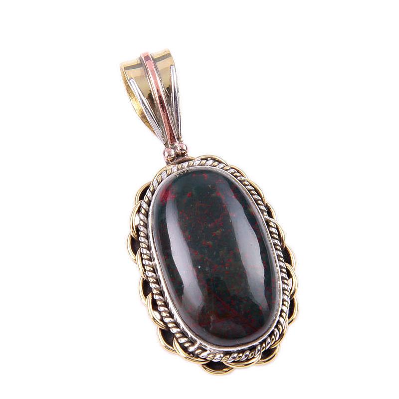 Natural Bloodstone Gemstone 925 Solid Sterling Silver TwoTone Pendant 1.50" d1D61