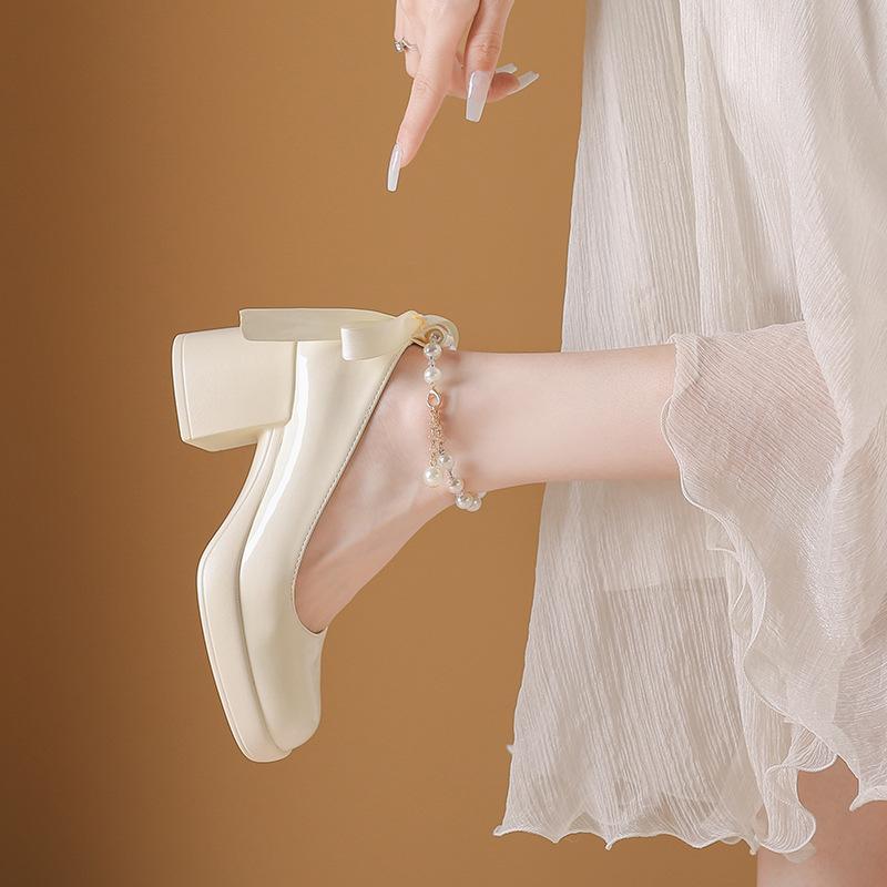 Soft Sole Single Shoes Women's Light Mouth Leather Shoes Medium Heel Thick Heel High Heels Black Work Shoes Square Head Office Comfortable Front Desk