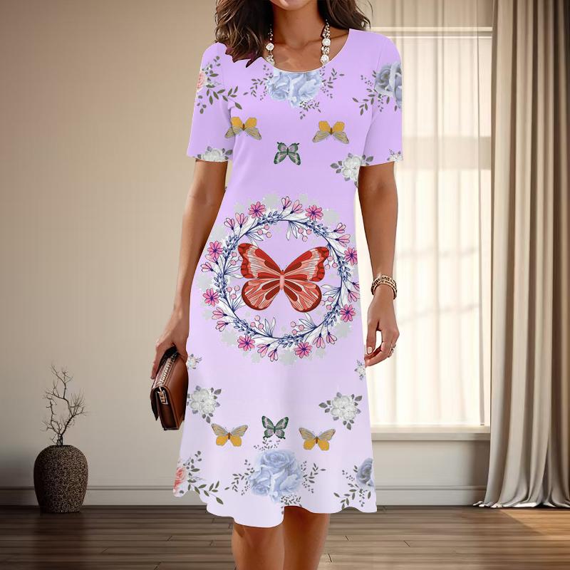 Женская мода изящный принт бабочки лето весна короткий рукав О-образный вырез повседневные платья