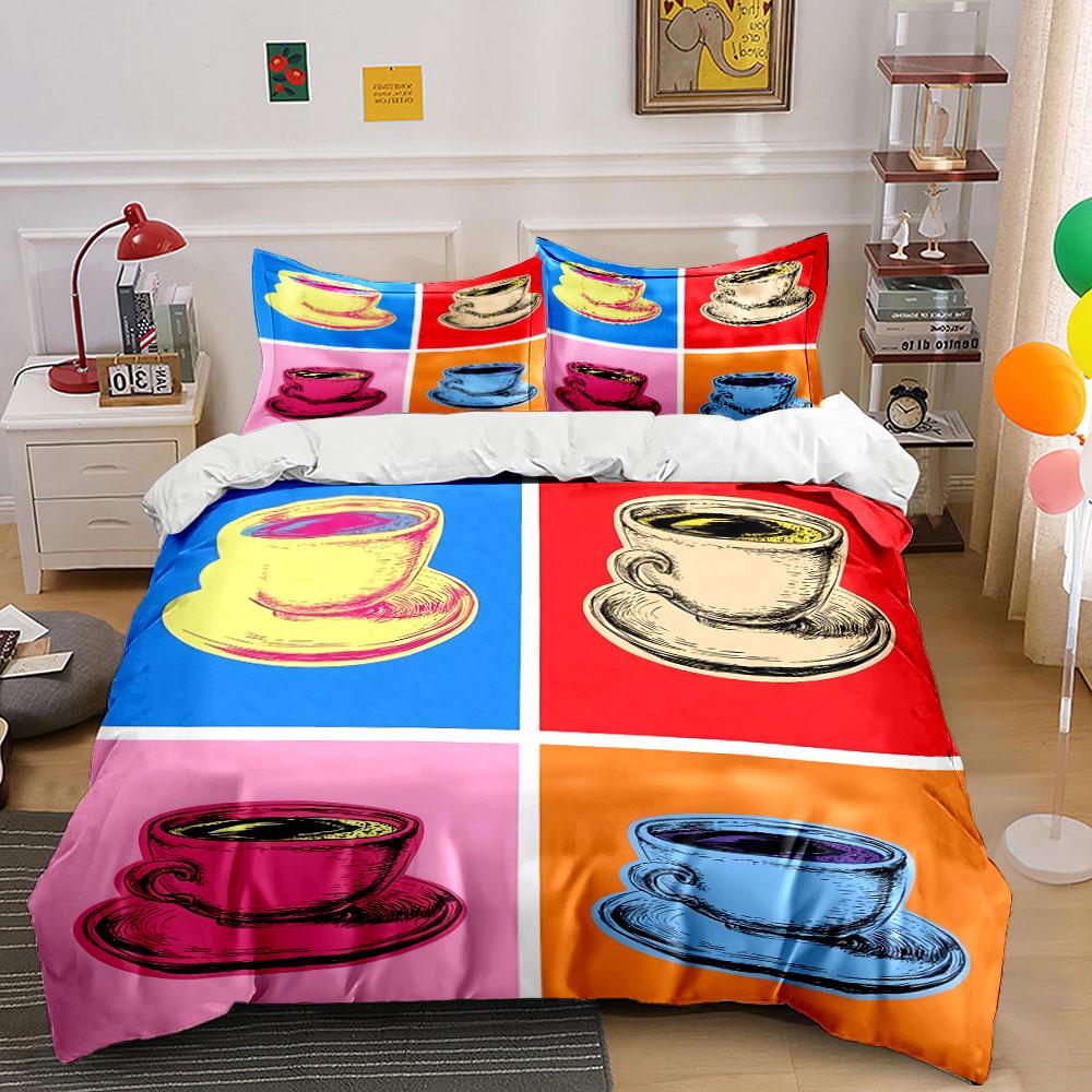 Pop Art Colorful Coffee Cups Bedding Duvet Cover Set Duvet Cover Pillowcases (1*Duvet Cover 2*Pillowcases, without duvet insert)