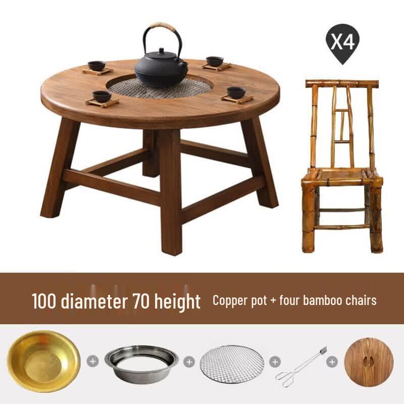 JINGGENG Old Elm Wood Outdoor Brazier & BBQ Dining Table