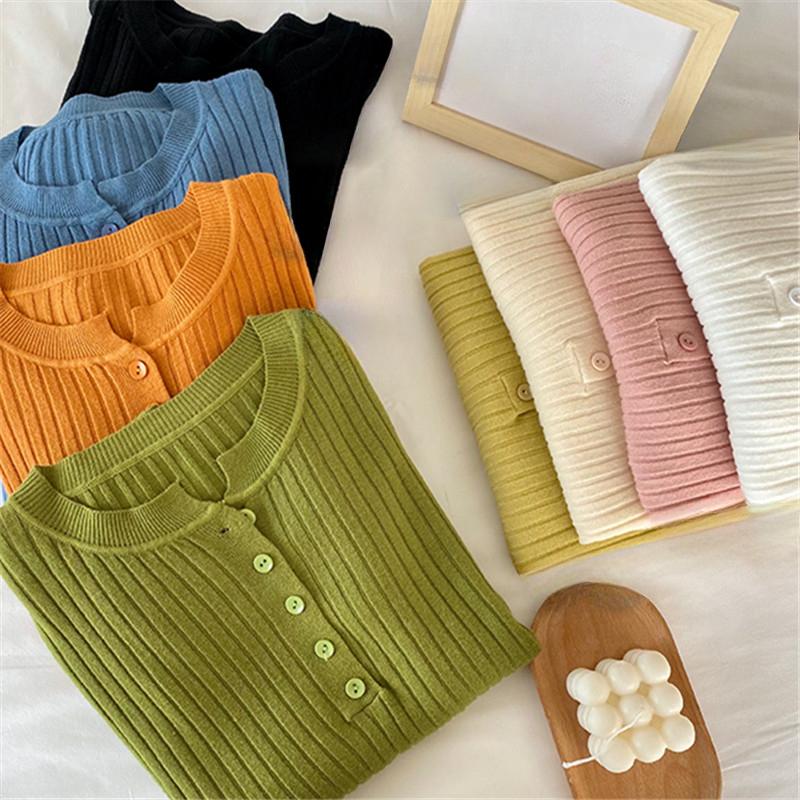 Осенний длинный рукав облегающий вязаный свитер женский зимний новый базовый пуловер женские свитера топы элегантные пуговицы круглый вырез женские вязаные джемперы 25858