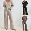 Casual 2-Piece Set with Long-Sleeved V-Neck Top and Striped Trousers