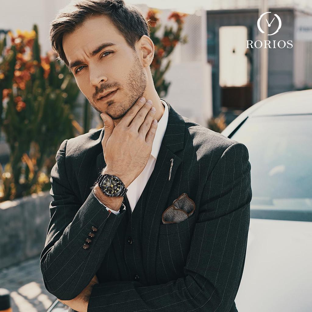 RORIOS Date Christmas Black Gold Men's Watch, Multifunctional, Display, Quartz, Luminous, Lightweight, Waterproof, Work, Commuting, Stylish, Popular,