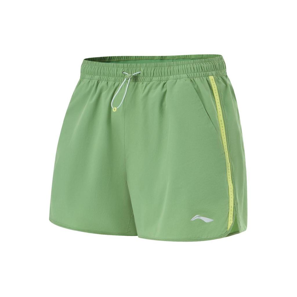 Li Ning Fitness Series однотонные, со средней талией, удобные, свободные, прямые, спортивные шорты, женские шорты, каменно-зеленые AKSU462-4