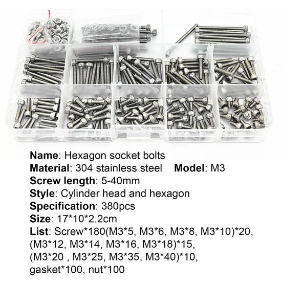 380 шт. M3 винты с шестигранной головкой под торцевой ключ, болты, гайки, набор из нержавеющей стали для машин