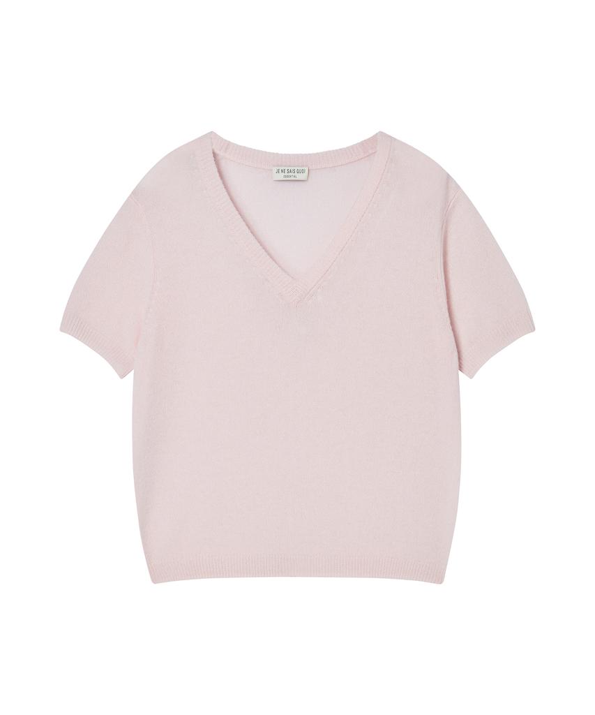 JE NE SAIS QUOI Sheer Cashmere Blended V-Neck Short Sleeve Knit_Pale Pink