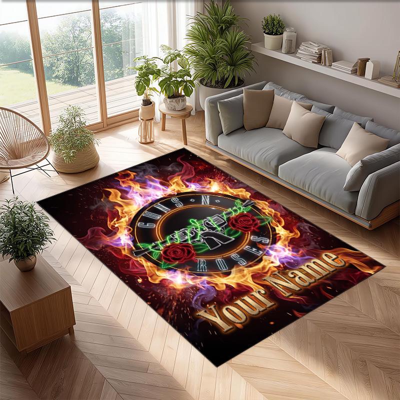 Guns N’ Roses Crystal Velvet Rug, Custom Name Text Personalized Non‑Slip Floor Mat for Home Decor Gift