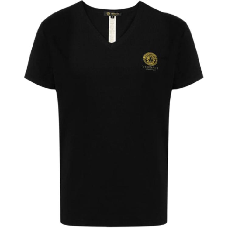 VERSACE T Shirts Men's Black V neck Moderate Straight Fit AUU01004-AC00059-A008