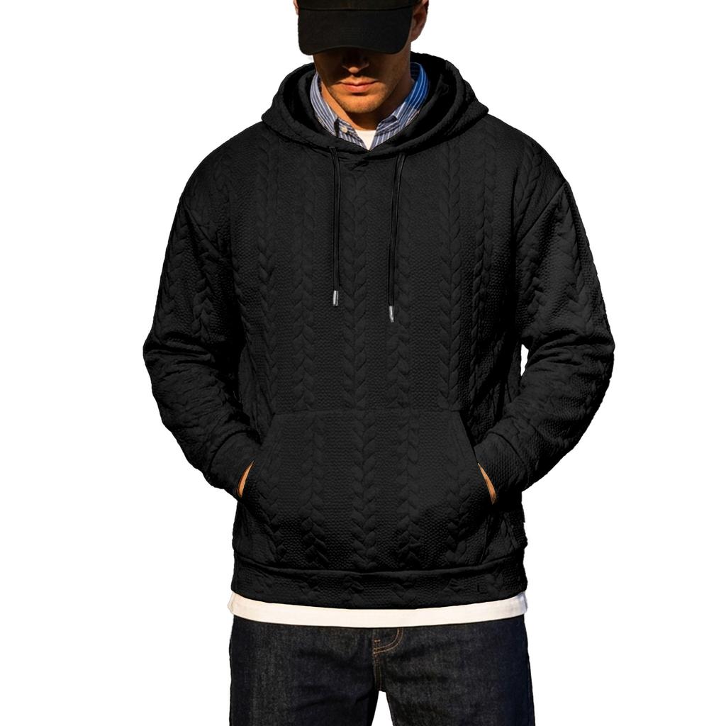 Men’s Autumn/Winter Casual, Loose-Fitting, Versatile, Plain-Coloured Jacquard Hooded Long-Sleeved Sweatshirt