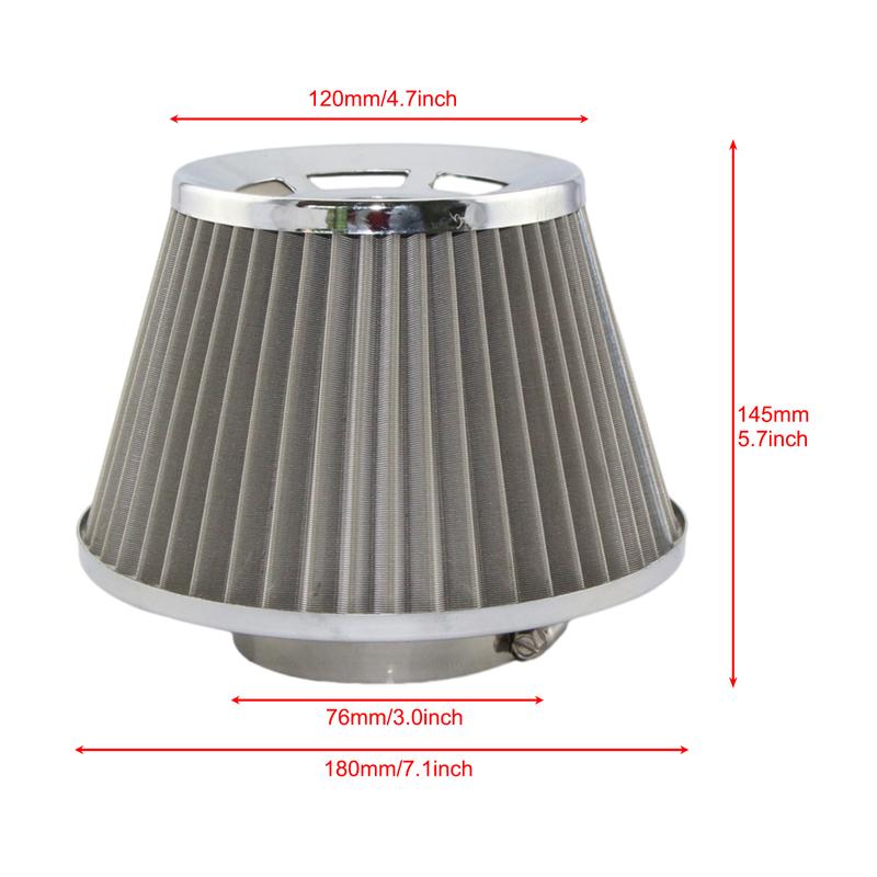 Cone Air Filter 76mm 3.0inch Stainless Steel Universal High Flow Mushroom Cover Sliver Washable Reusable Cold Air Intake Filter