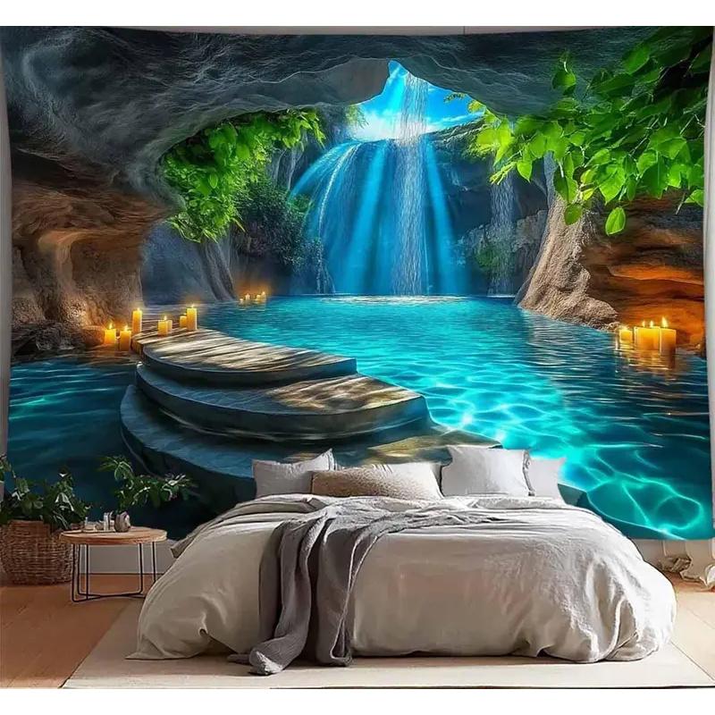 Nature Karst Cave Waterfall Tapestry Sunshine Throught Cave Water Green Leaves Landscape Wall Hanging Backdrop for Home