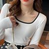 Long-sleeve T-shirt for Women Spring and Autumn Bottom Blouse Slim Knitted Patchwork Square Neck Top