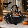 Reusable Halloween Party Prop Black Flower Girl Basket with Handle And Bow, Gothic Satin Handheld Decoration Lace for Wedding Ceremony, Bridal Party,