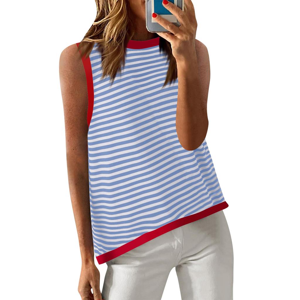 Женские летние топы, повседневная полосатая водолазка с цветными блоками, жилет, свободная рубашка без рукавов с высоким и низким вырезом, блузка