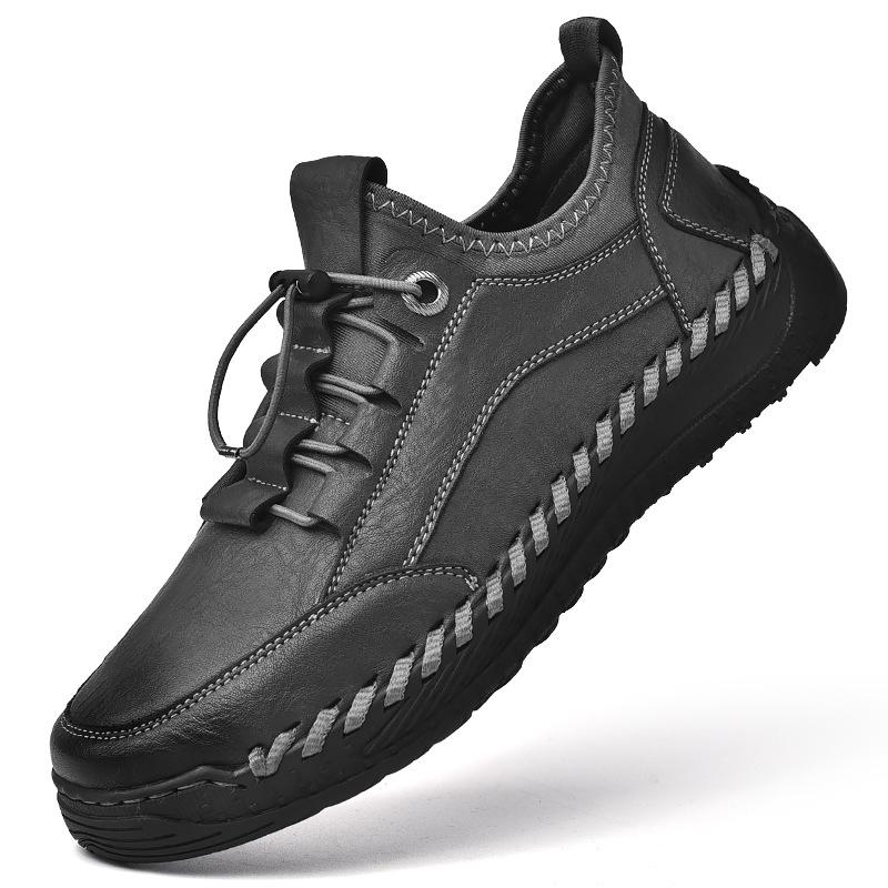 Мужские ленивые эластичные туфли из кожи с прострочкой - Стильные низкие слипоны, спортивные кроссовки для весны и осени.