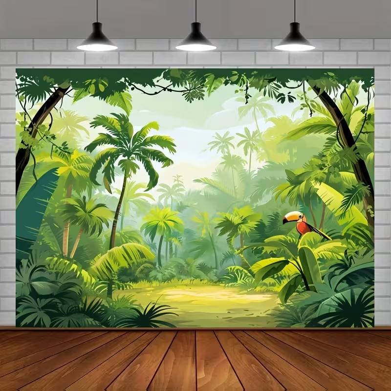 2D Safari Party Backdrop Cartoon Jungle Forest & Toucan Background Cloth
