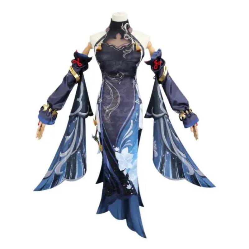 Костюм для косплея Shenhe Genshin, костюм Frostflower Dew Lantern Rite, черный тонкий Cheongsam Shen He, одежда для вечеринки на Хэллоуин