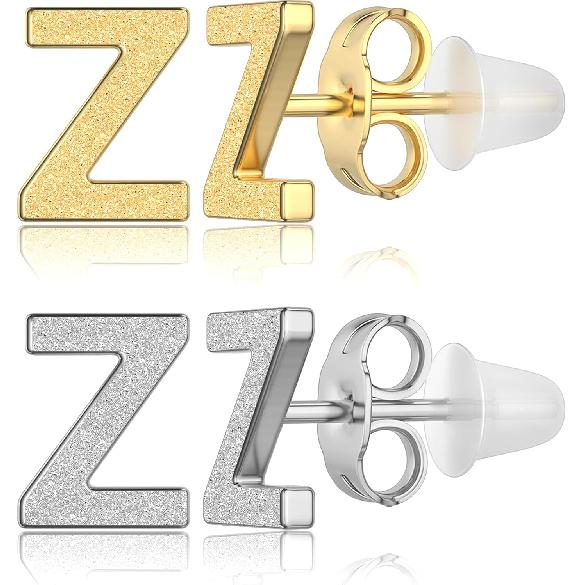 2 Pairs Initial Stud Earrings for Women – 316L Hypoallergenic Surgical Steel, 14K Gold Plated Letter Earrings Set, Includes Anti-Piercing Silicone