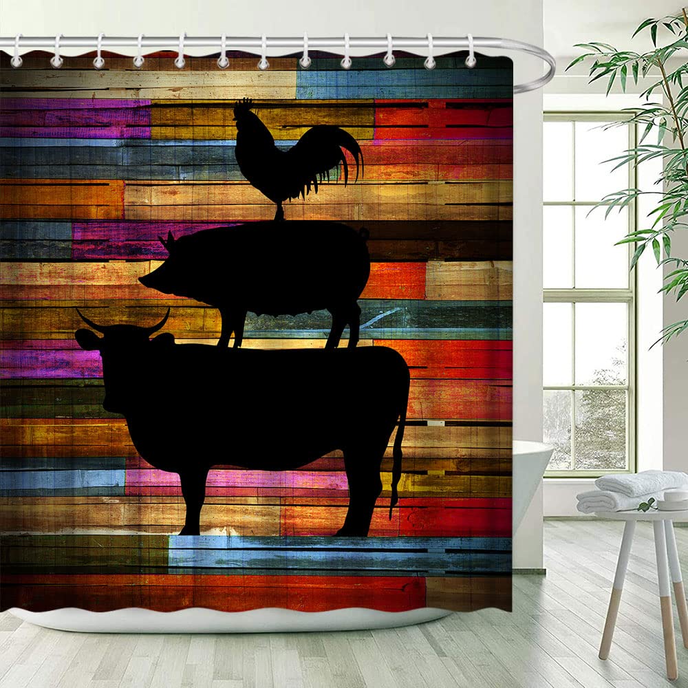 Занавеска для душа с оленем, красочный силуэт животного, рождественские элементы, деревянные доски, тематическая ткань, набор декора для ванной комнаты с крючками