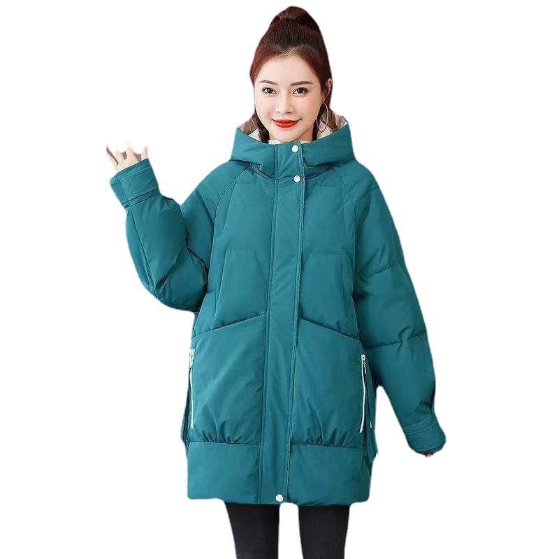 Womens Puffer Coat Mid-Length Loose Fit Winter Warm Hooded Cotton-Padded Jacket Korean Style