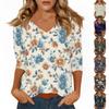 Женские топы Рубашка с рукавом три четверти V-образный вырез Свободная повседневная рубашка Футболка с принтом
