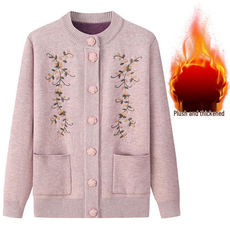 Женский кардиган с плюшевой подкладкой - Весенне-осенний вязаный свитер для женщин среднего и пожилого возраста