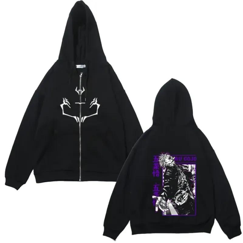 Куртки на молнии в стиле аниме, толстовки с принтом Jujutsu Kaisen, флисовые толстовки с принтом Satoru Gojo, манга, повседневные пальто, уличная одежда, одежда Y2K