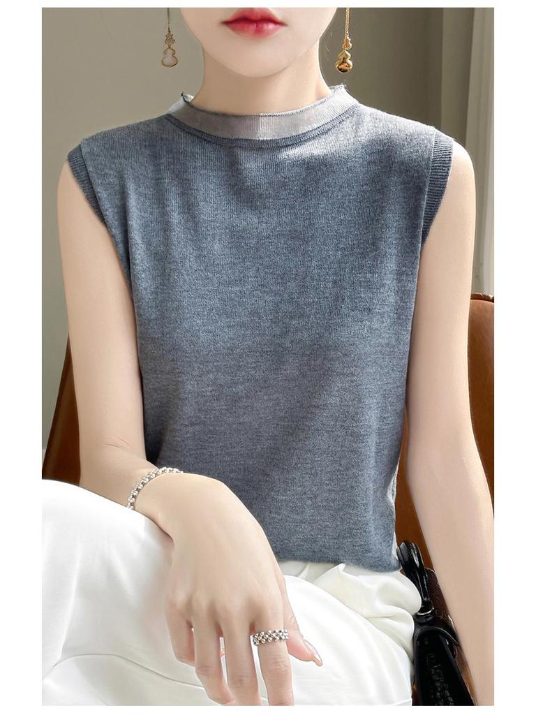 2024 Spring/Summer Women's Sleeveless Thin Knitted Sweater - Half Turtleneck Pullover Vest