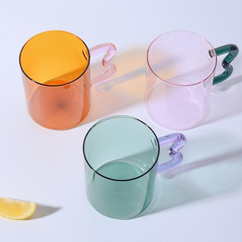 Colored Glass Cup with Wave Handle Coffee Breakfast Cup Large Capacity Milk Cup Microwaveable Cross-border