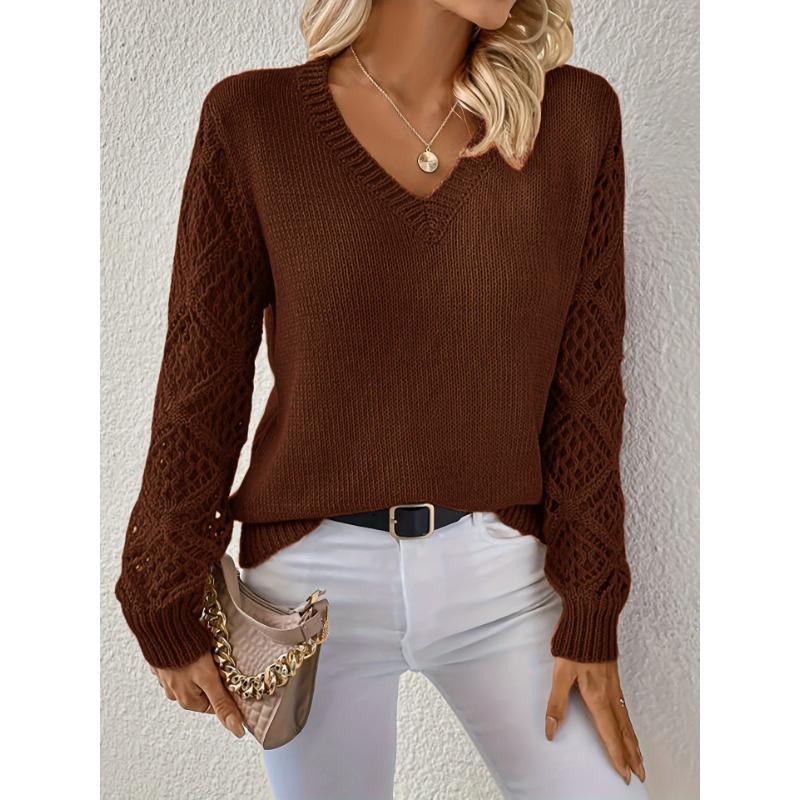 Женская мода повседневная однотонная принтованная осень-зима с длинным рукавом и V-образным вырезом свитера